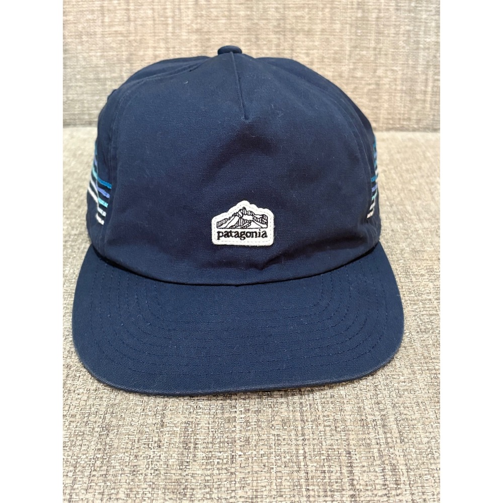 Patagonia Snapback Hat Navy Blue Mountain Logo Striped Adjustable Cap